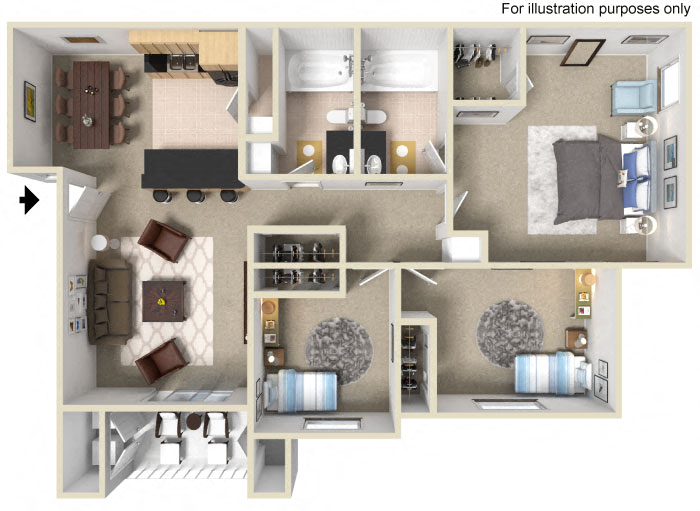 Floor plan for 3 beds, 2 baths, 1301 sqft